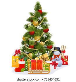 Vector Christmas Tree with Sledge isolated on white background