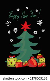 Vector Christmas Tree with Snowflakes and presents on black background.