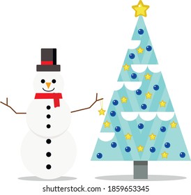 árbol de navidad vectorial y muñeco de nieve. Árbol de Navidad decorado con bolas azules. muñeco de nieve colgando una estrella en el árbol.