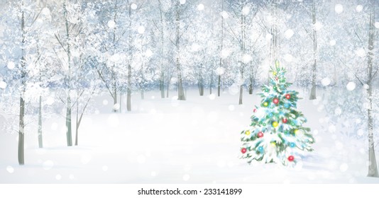Vector Christmas tree in snowy forest.