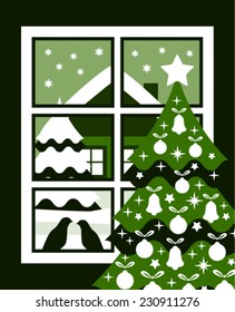 vector christmas tree and snowy landscape and birds outside the window