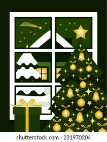 vector christmas tree and snowy night landscape with comet outside the window