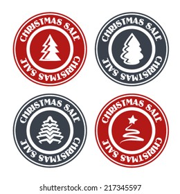 Vector Christmas tree stamps, red and grey labels of Christmas sale  