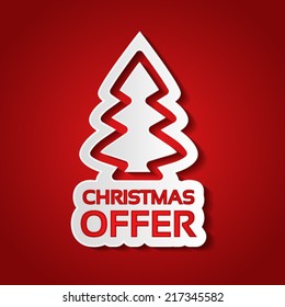 Vector Christmas tree sticker on the red background, white paper silhouette of Christmas offer 