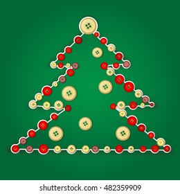 Vector Christmas tree. Style hendmayd. Buttons sewn on to the tree of felt. Design for greeting cards, Christmas greetings.