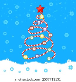 Vector Christmas tree stylized in the form a candy spiral with red and white stripes on winter background. Xmas poster.