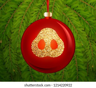 Vector Christmas tree toy with cute piglet nose simbol of 2019 new year of yellow pig greeting card template
