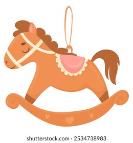 Vector Christmas tree toy rocking horse, symbol of the New Year. Vector illustration isolated on transparent background. Hand drawn horse decoration for Christmas tree