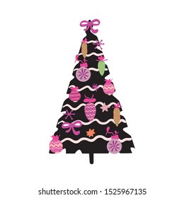 Vector christmas tree with toys and decors on white background. Illustration in flat style for greeting cards, packaging, postcard, banners. Happy winter vacation.Merry christmas vacation. 