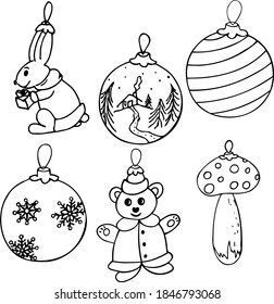 Vektorgrafiken von Baumspielzeug-Illustrationen. traditionelle Weihnachtsdekoration. Bälle, Kaninchen, Brötchen, Pilze und Teddybär.