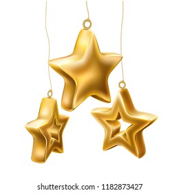 Vector christmas tree toys set. Realistic shiny golden stars. Traditional festive xmas eve, new year celebration decoration design symbol. Bright decorative hanging objects