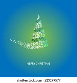 Vector Christmas Tree Turquoise Background with Snowflakes