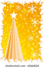 Vector Christmas tree with yellow background and snowflakes