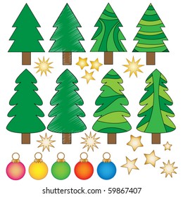 Vector Christmas trees, baubles and stars