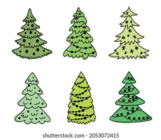 Vector Christmas trees collection. Hand drawn doodle New Year trees set of elements