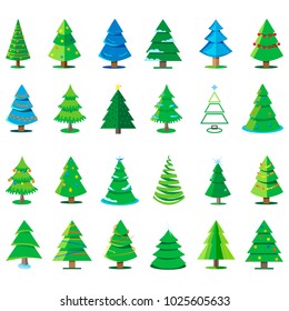Vector Christmas trees decorated with balls and stars, isolated on a white background. Winter holidays concept