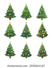 Vector Christmas trees with festive decorations, stars, and ornaments. Perfect for holiday season designs, greeting cards, and cheerful seasonal marketing materials.