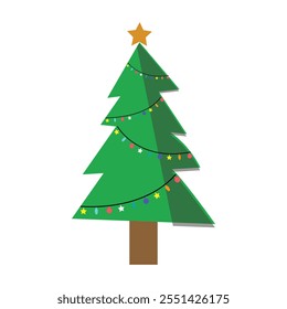Vector Christmas trees in flat style with garlands, balls and toys. Christmas tree Cartoon, Clipart, Line Art Design icon. 
