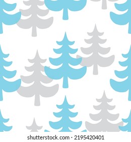 Vector Christmas trees seamless pattern in grey and blue colours.  Vector background with pine silhouettes