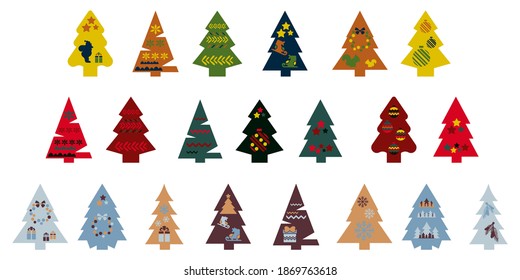 Vector Christmas trees set of colored decoration toys Christmas.