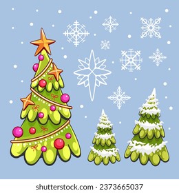 Vector Christmas trees and snowflakes in flat style.