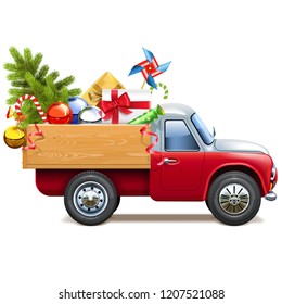Vector Christmas Truck with Fir Tree isolated on white background