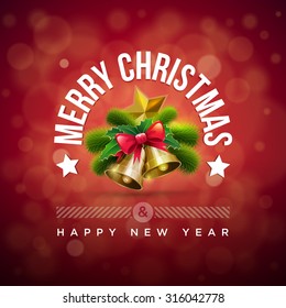 Vector Christmas typographic red greeting card design with Christmas bells.