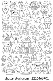 Vektor-Weihnachtsweihnachtsfarben für Kinder mit süßen Kawaii-Zeichen. Schwarz-Weiß Winterurlaubsgrafik mit Weihnachtsmann, Hirsch, Elf, Bär, Baum. Funny New Year Suchplakat
