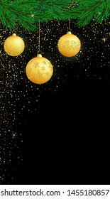 Vector Christmas vertical template with golden balls, glitter, copy space. Merry Christmas, New Year banner with bright decoration element, place for text. Xmas card on black for sale, stories, offers