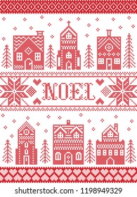 Vector Christmas village pattern Noel inspired by Nordic culture festive winter in cross stitch with hearts, reindeer, decorative ornaments, snowflake, church, chapel, house in red, white cross stitch