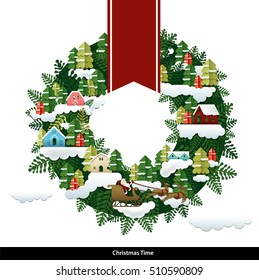Vector Christmas village wreath.