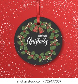 Vector Christmas vintage label with hand drawn wreath of leaves of holly, bells and candies with greeting hand made quote "Merry Christmas". Lettering, sketch. Banner, poster, flyer, brochure.