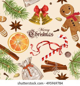 Vector Christmas vintage seamless pattern with traditional decoration, Christmas tree branches and sweets. Background design for any kind of products. Best for wrapping paper, textile, print