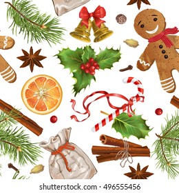 Vector Christmas vintage seamless pattern with traditional decoration, Christmas tree branches and sweets. Background design for any kind of products. Best for wrapping paper, textile, print