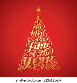 Vector Christmas vintage tree of holidays sparkling lettering on red background. Merry Christmas text for invitation and greeting card, prints and posters. Holidays calligraphic design