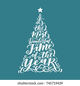 Vector Christmas vintage tree of holidays lettering on blue background. Merry Christmas text for invitation and greeting card, prints and posters. Holidays calligraphic design