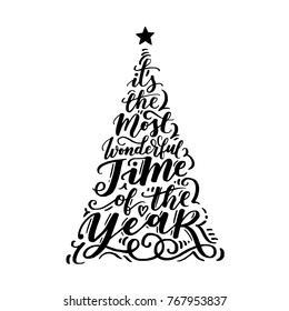 Vector Christmas vintage tree of holidays lettering on white isolated background. Merry Christmas text for invitation and greeting card, prints and posters. Holidays calligraphic design