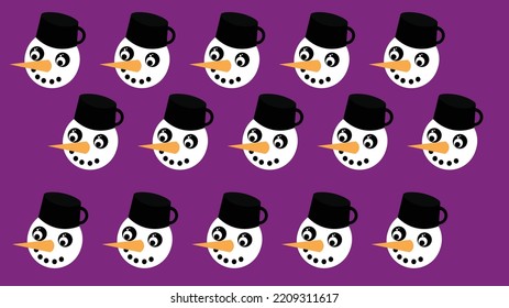 Vector Christmas Wallpaper. Snowman Head With A Black Pot On His Head. Monochrome Background In Purple Color. Head, Carrot, Eyes, Mouth. A Repeating Pattern. Cartoon Motif, Smile, Winter, Christmas.