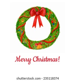 Vector Christmas watercolour  wreath with red bowl and ribbons