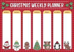 Vector Christmas Weekly Planner With Traditional Holiday Symbols. Cute Winter Calendar Or Timetable For Kids. New Year Poster With Cute Kawaii Santa Claus, Snowman, Fir Tree, Bear, Deer, Penguin
