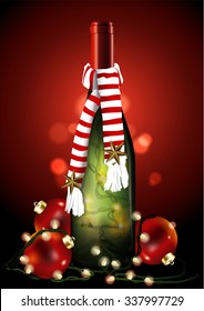 Vector of Christmas Wine Bottle with Christmas light and ball on red background.