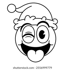 Vector Christmas Winking Face Tongue Emoji Crazy Cartoon Groovy Illustration Isolated