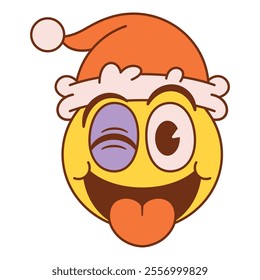 Vector Christmas Winking Face Tongue Emoji Crazy Cartoon Groovy Illustration Isolated