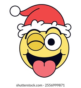 Vector Christmas Winking Face Tongue Emoji Crazy Cartoon Groovy Illustration Isolated