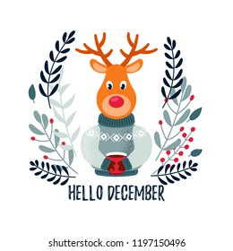 Vector Christmas / winter card with a cute deer. Christmas design. Hello December.