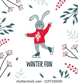 Vector Christmas / winter card with a cute skating hare and cozy slogan. Christmas design. Winter fun.