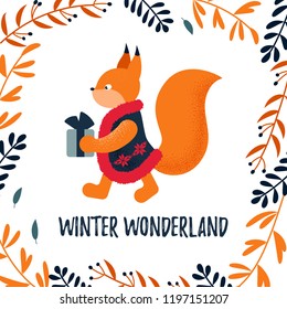 Vector Christmas / winter card with a cute squirrel and cozy slogan. Christmas design. Winter wonderland.