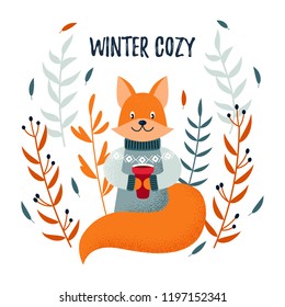 Vector Christmas / winter card with a cute fox and cozy slogan. Christmas design. Winter cozy.