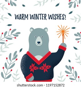 Vector Christmas / winter card with a cute polar bear and cozy slogan. Christmas design. Warm winter wishes.