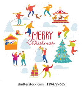 Vector Christmas winter card for holiday season with abstract people doing winter activities.